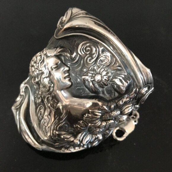 Antique Unger Bros Sterling Silver Cuff Bracelet Victorian 925 Lady Face